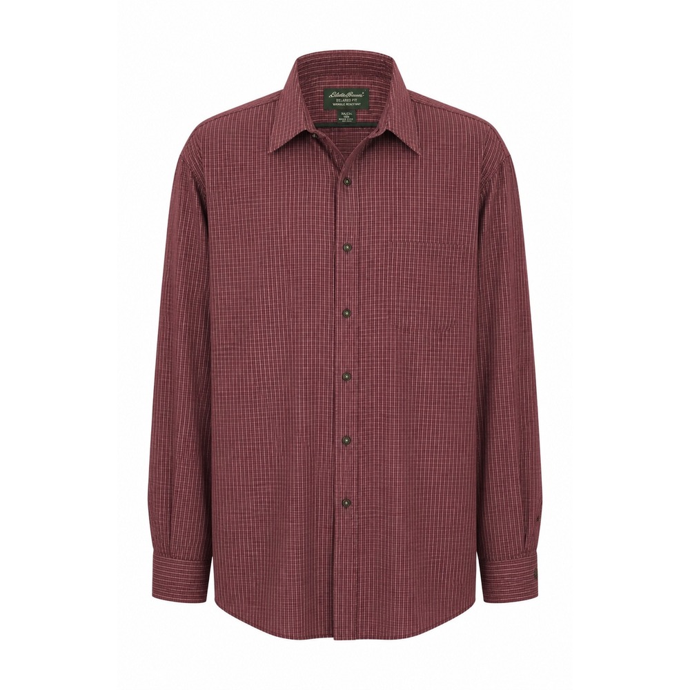 Eddie Bauer Mens XXXL Tall Relaxed Fit Wrinkle Resistant Burgundy Grid Shirt